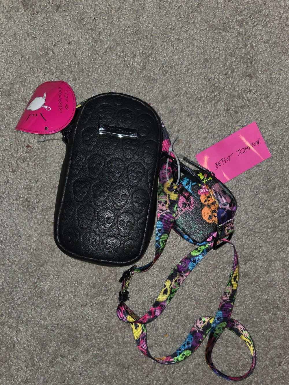 Betsey Johnson Black Embossed Skull Crossbody with Rainbow Skull Strap